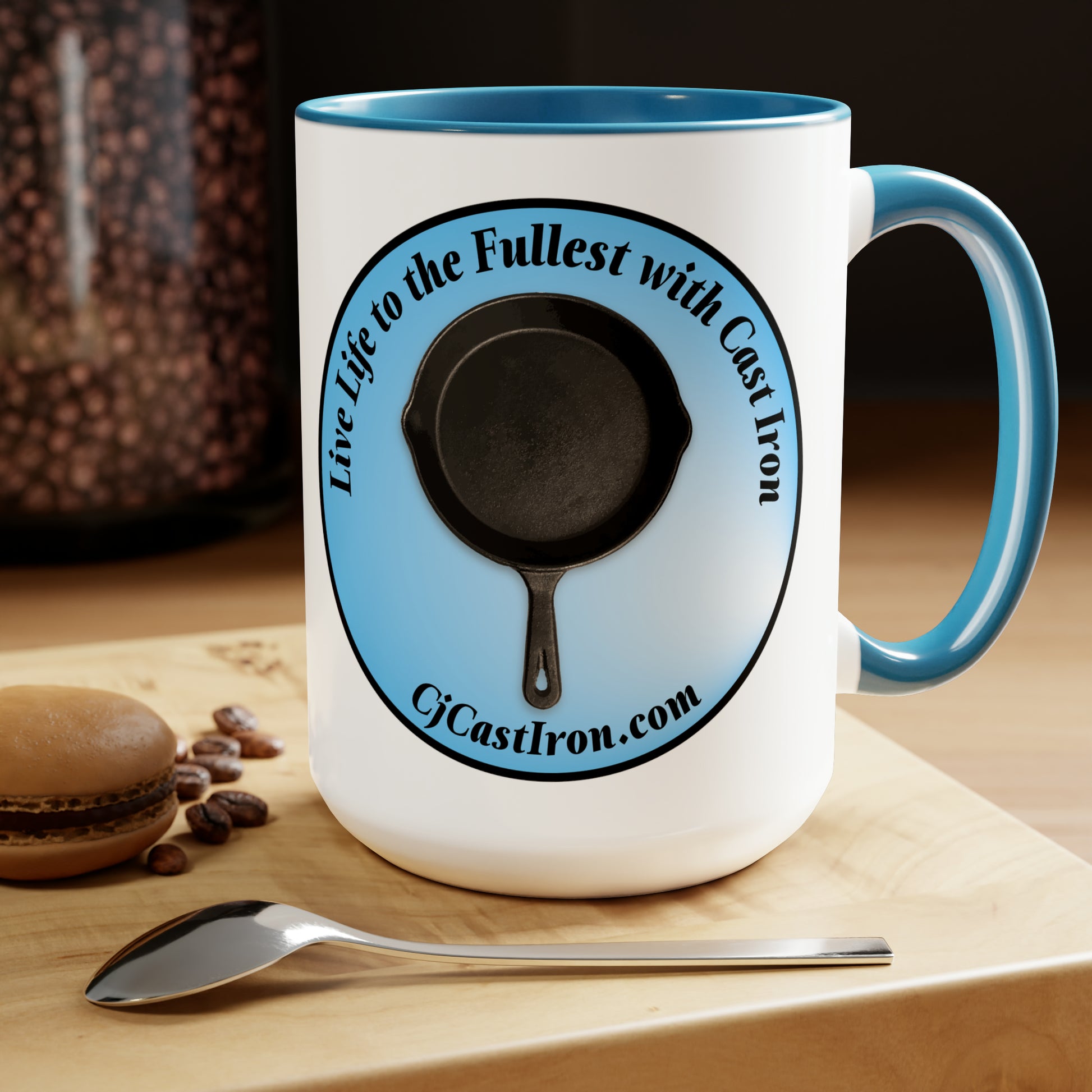 "Live Life to the Fullest with Cast Iron" (Blue) Mug 15 oz