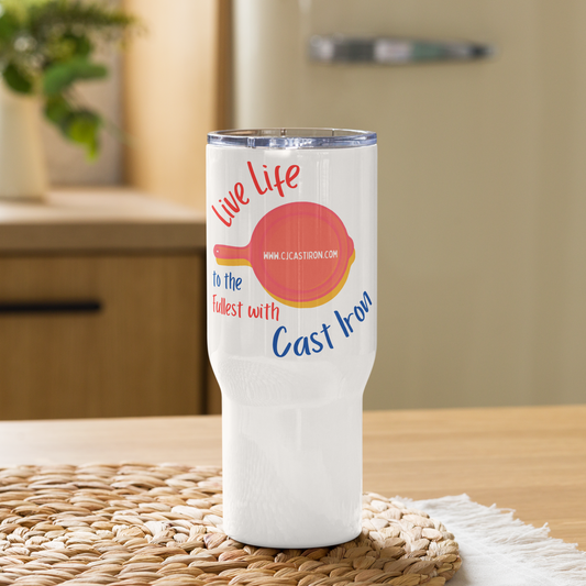 "Live Life to the Fullest with Cast Iron" (Colorful) Travel mug with a handle