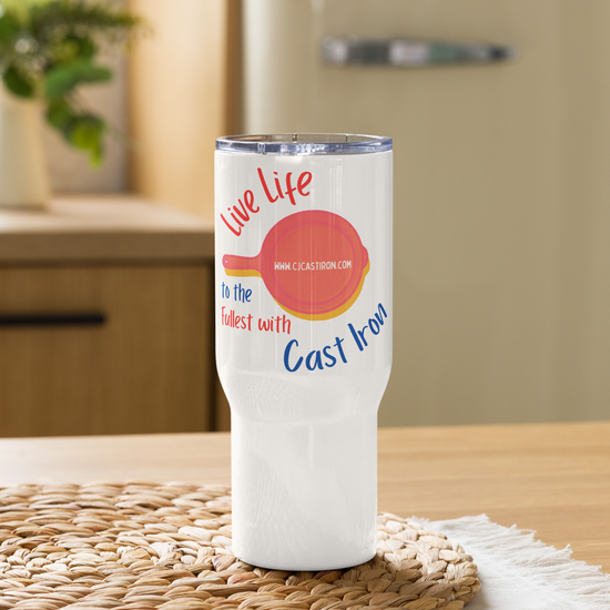 "Live Life to the Fullest with Cast Iron" (Colorful) Travel mug with a handle