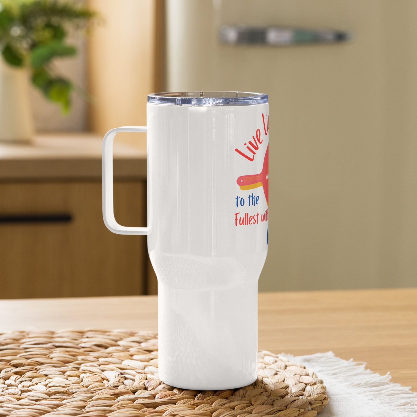 "Live Life to the Fullest with Cast Iron" (Colorful) Travel mug with a handle